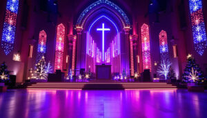 A photograph of capture a photograph of a beautifully decorated church stage featuring an eye-catching led display