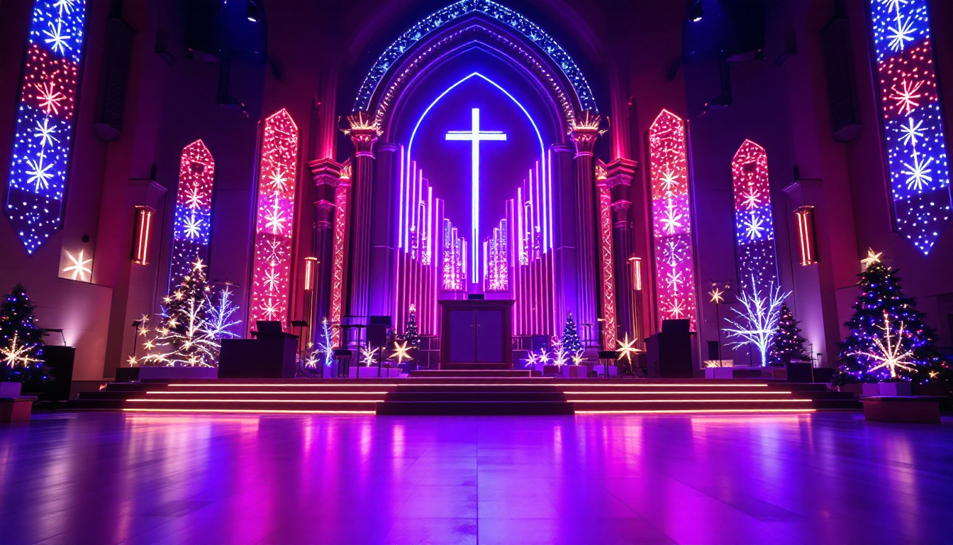 A photograph of capture a photograph of a beautifully decorated church stage featuring an eye-catching led display
