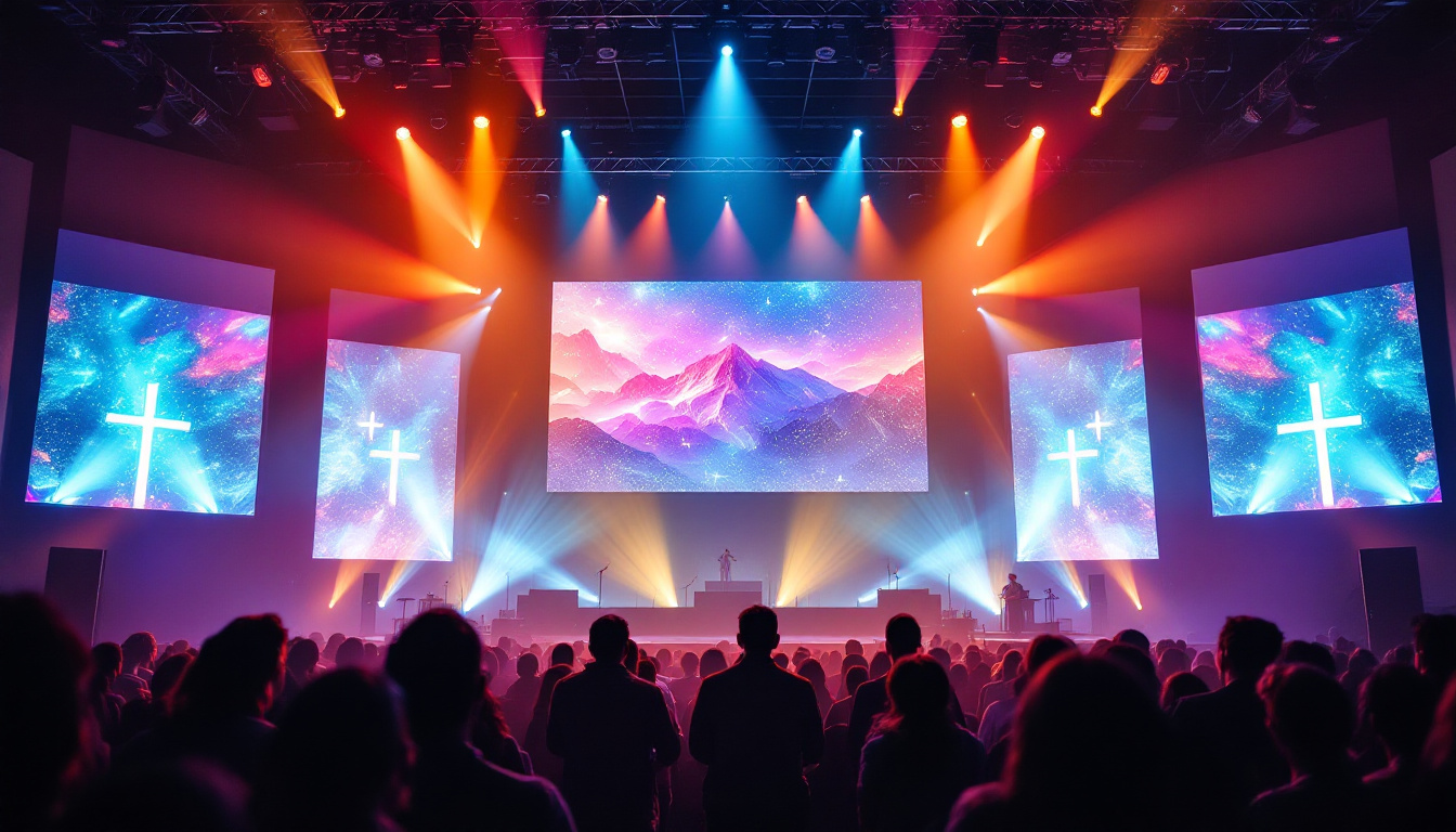 A photograph of a vibrant church stage featuring a large led display