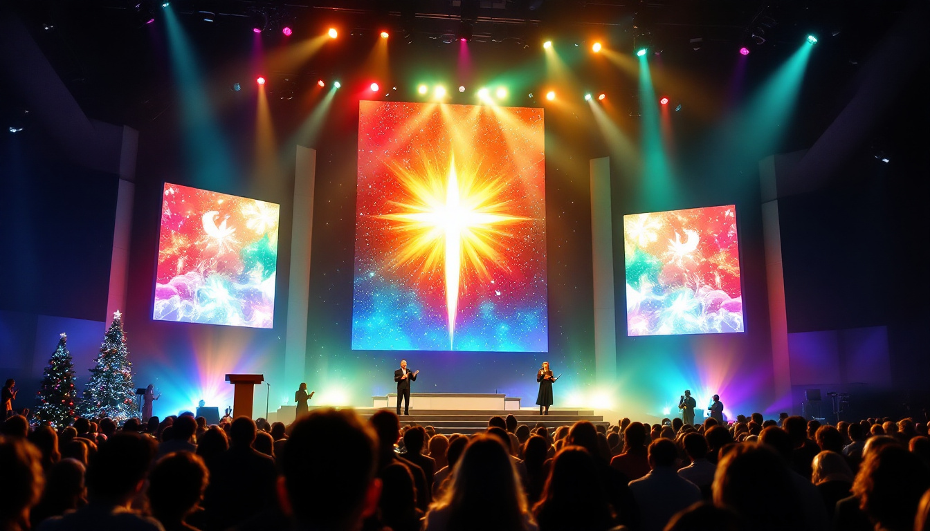 A photograph of a vibrant christmas church backdrop featuring a large led display