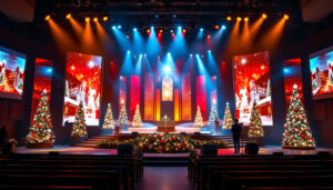 A photograph of a beautifully decorated church stage featuring an eye-catching led display