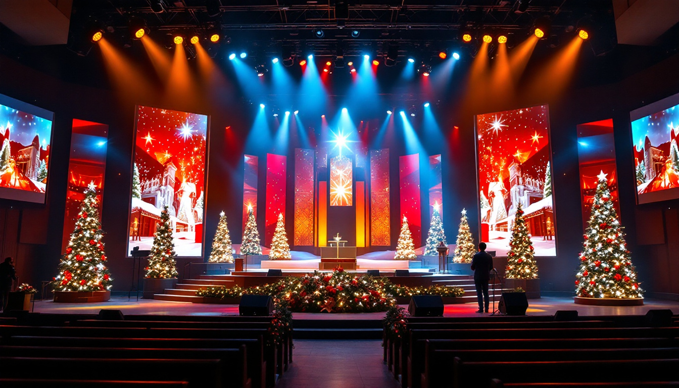 A photograph of a beautifully decorated church stage featuring an eye-catching led display