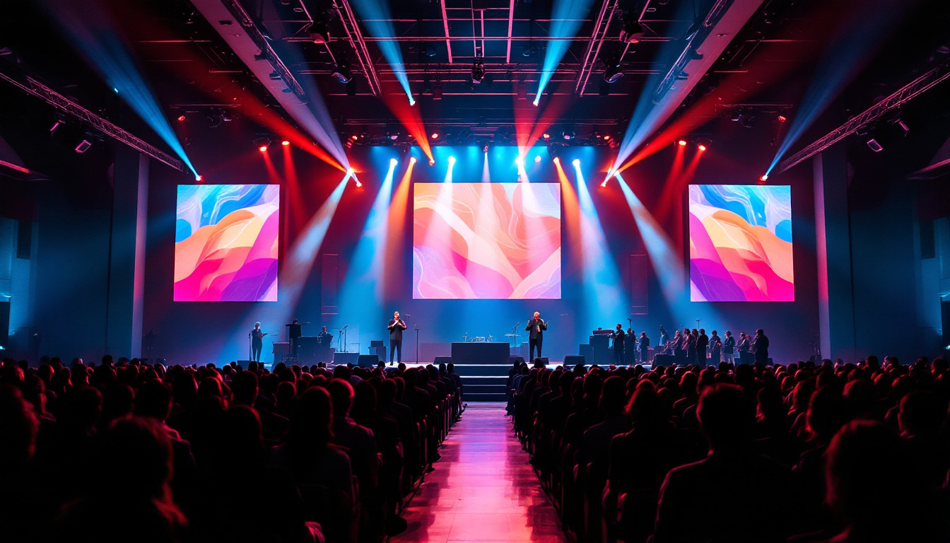 A photograph of a vibrant church stage featuring a dynamic led display