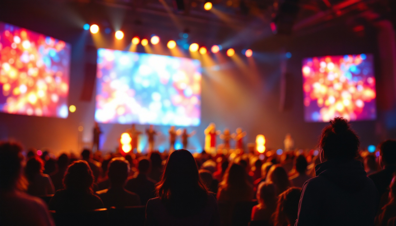 A photograph of a beautifully decorated church stage during a christmas service