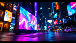 A photograph of a vibrant led display in an urban setting