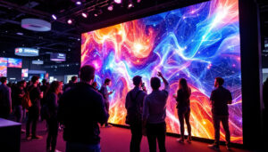 A photograph of a dynamic and engaging custom video wall rental booth in action at an event