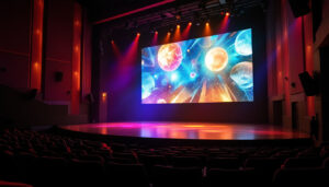 A photograph of a vibrant theater interior featuring a large