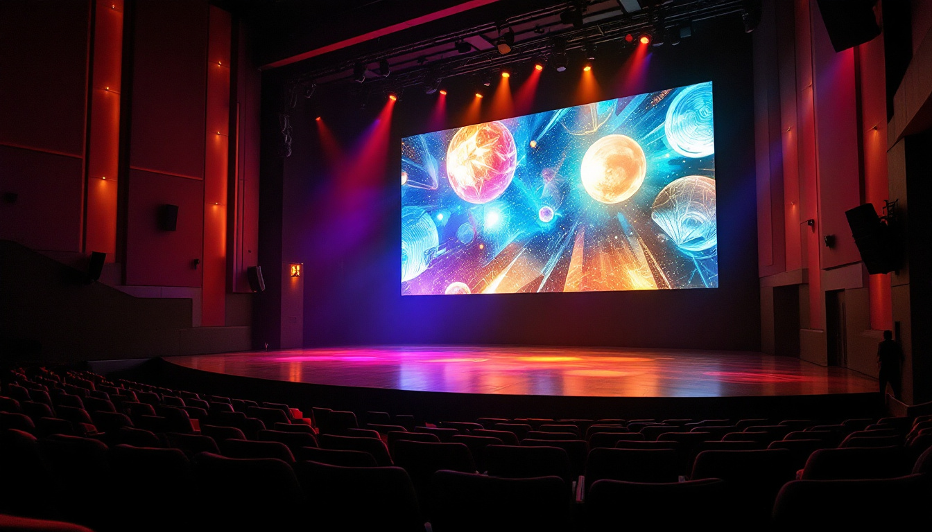 A photograph of a vibrant theater interior featuring a large