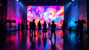 A photograph of a vibrant virtual production stage featuring a large led display