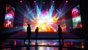 A photograph of a vibrant stage set featuring an intricate led display in action