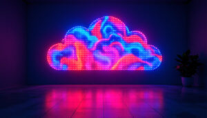 A photograph of a vibrant led cloud light display in a dimly lit room