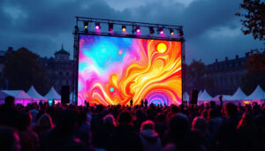 A photograph of a vibrant rental led screen in an outdoor setting in berlin