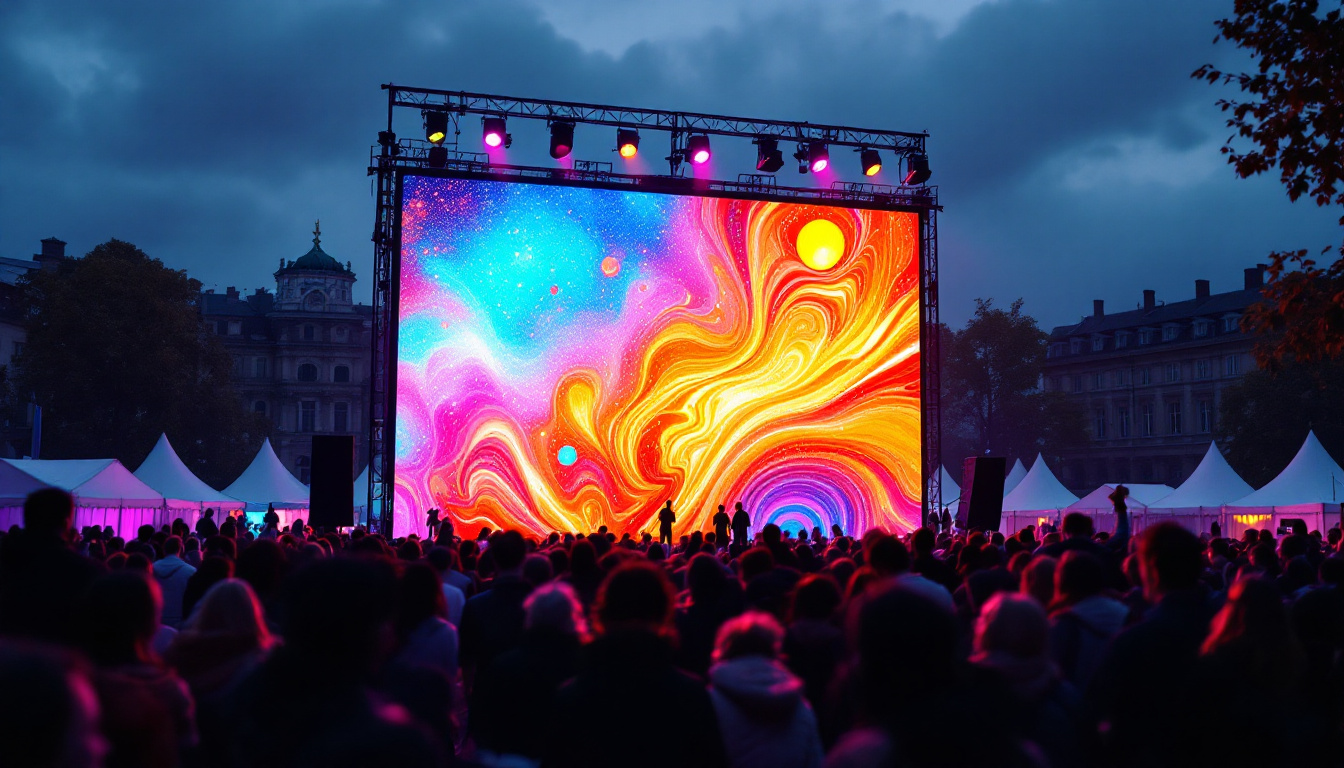 A photograph of a vibrant rental led screen in an outdoor setting in berlin