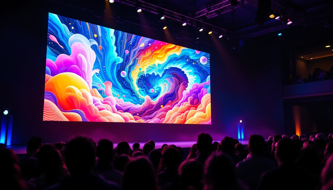 A photograph of a vibrant led screen displaying dynamic visuals at an event in orlando