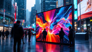 A photograph of a vibrant led display panel in a dynamic urban setting