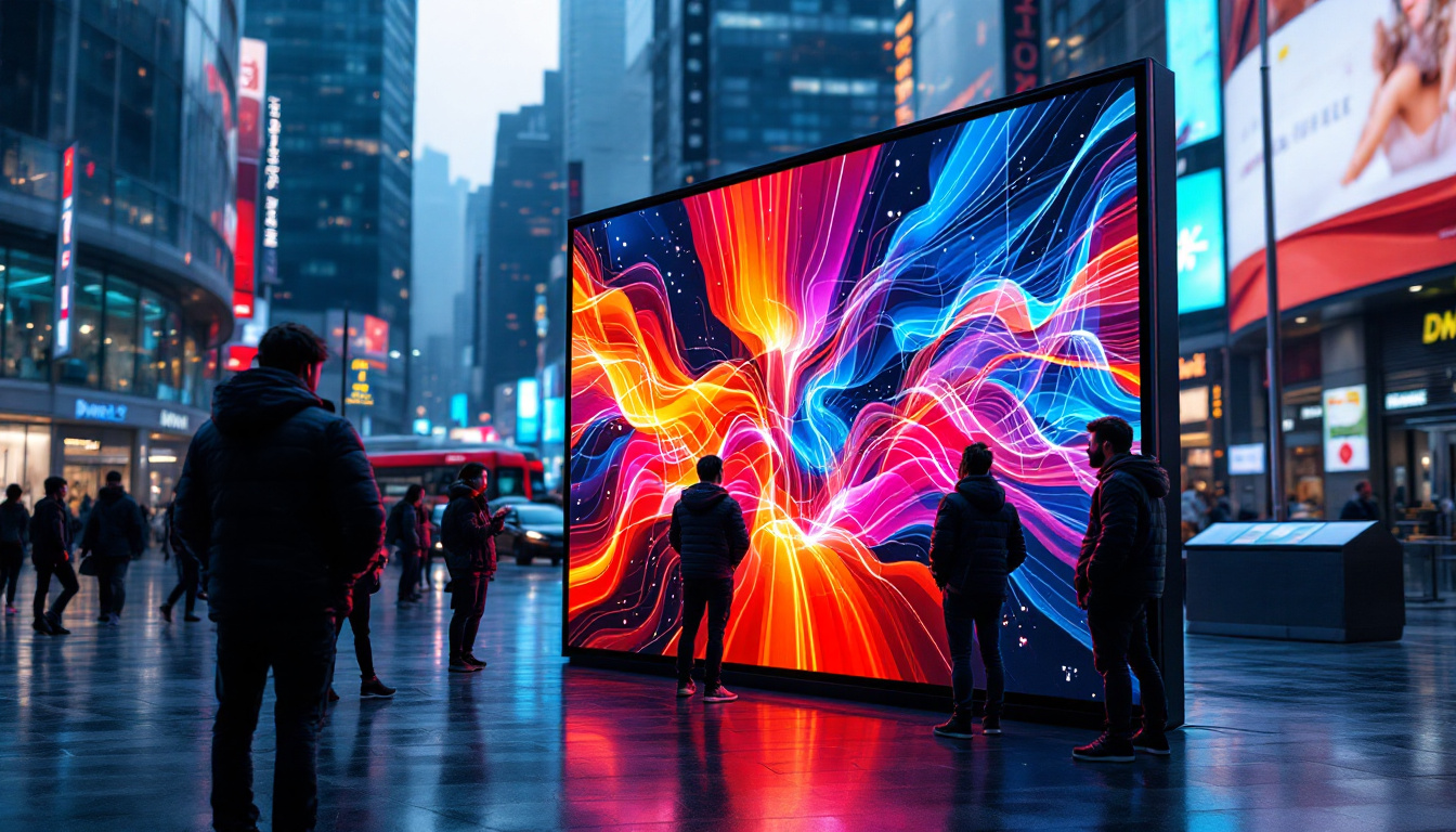 A photograph of a vibrant led display panel in a dynamic urban setting