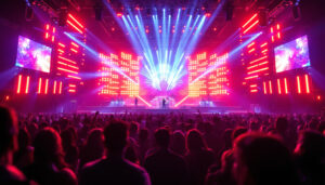 A photograph of a vibrant concert stage featuring an intricate led display
