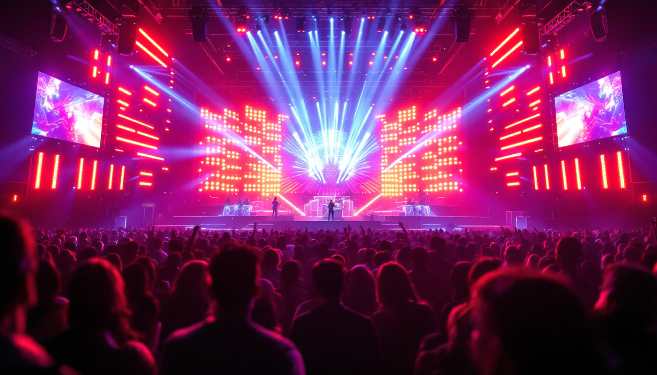 A photograph of a vibrant concert stage featuring an intricate led display