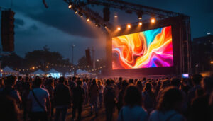 A photograph of a vibrant outdoor event featuring a large mobile led screen in action
