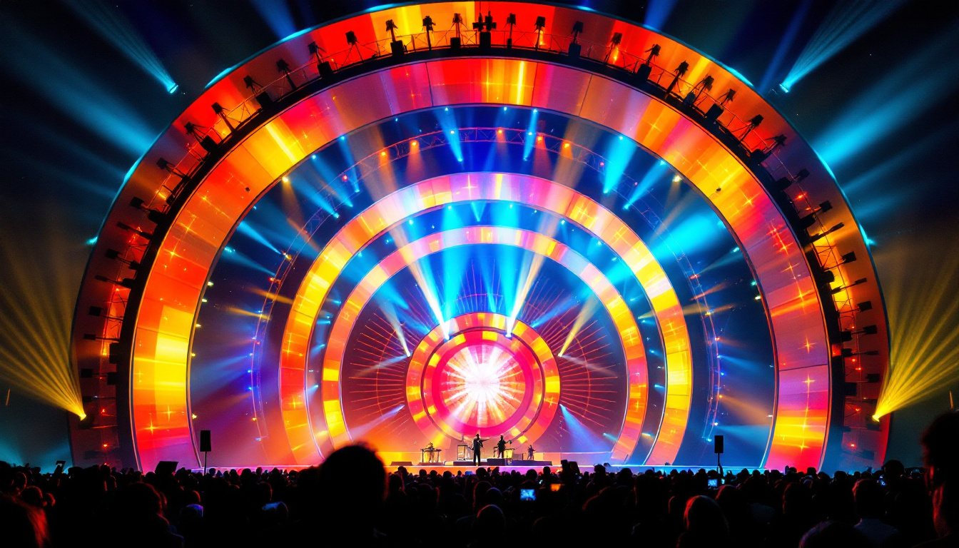 A photograph of a dynamic curved stage design featuring vibrant led displays in action during a live performance