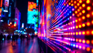A photograph of a vibrant led display in an urban setting at night