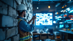 A photograph of a construction worker installing a block wall with an led display in the background