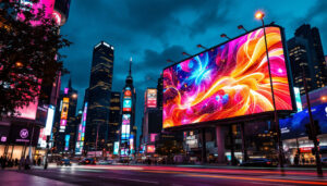 A photograph of a vibrant urban scene featuring a prominent led digital billboard displaying dynamic advertisements