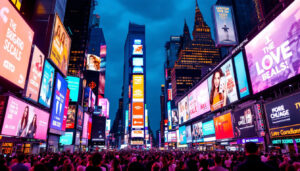 A photograph of the vibrant and dynamic led billboards of times square at dusk