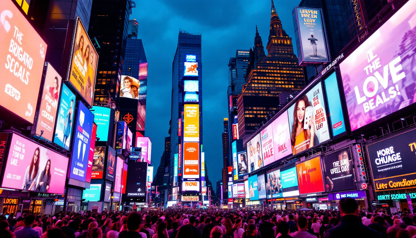 A photograph of the vibrant and dynamic led billboards of times square at dusk