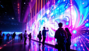 A photograph of a vibrant led curtain screen in a dynamic setting