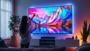 A photograph of a large led tv prominently displayed in a modern living room setting