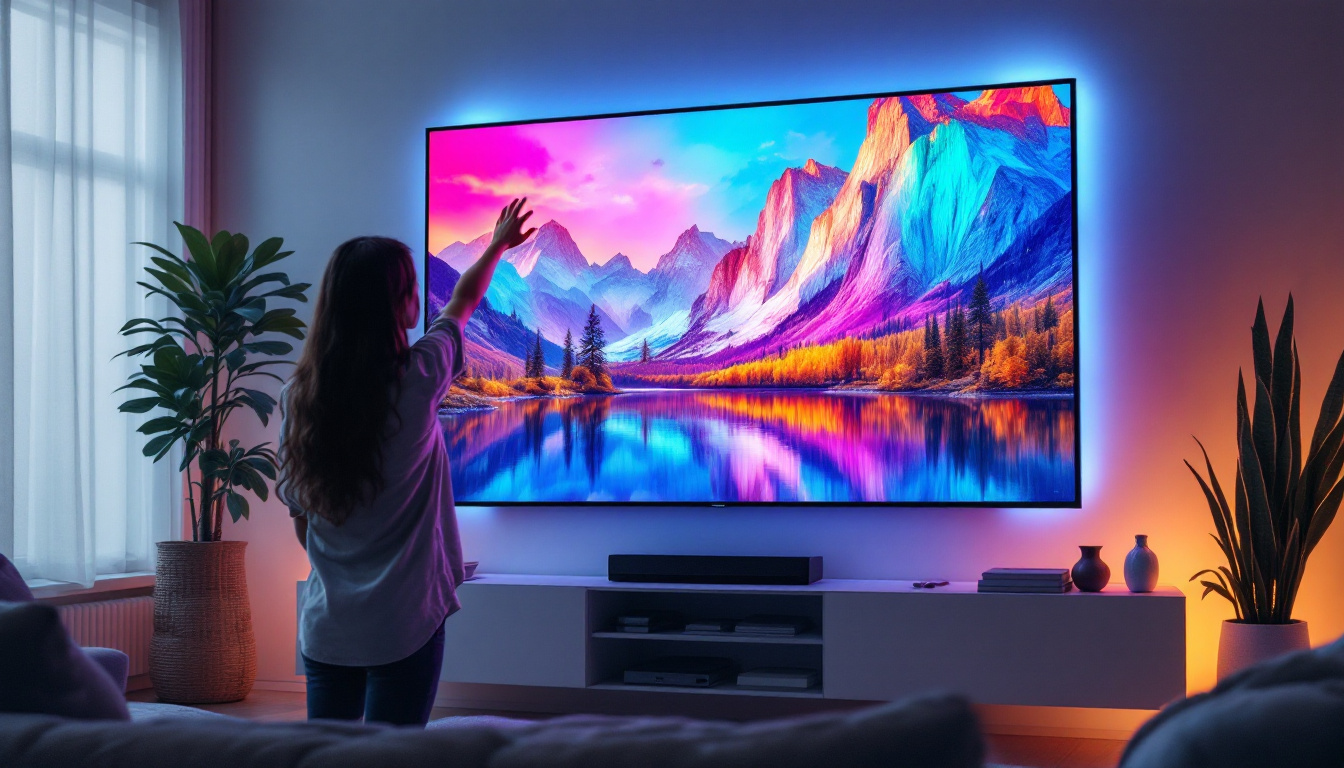 A photograph of a large led tv prominently displayed in a modern living room setting