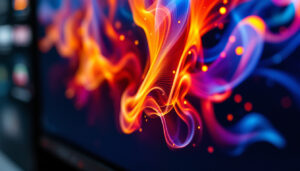 A photograph of a close-up of a monitor displaying a vibrant image with the contrast settings visibly adjusted on-screen