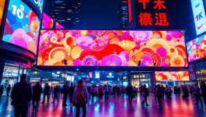 A photograph of a vibrant led display in a bustling urban environment