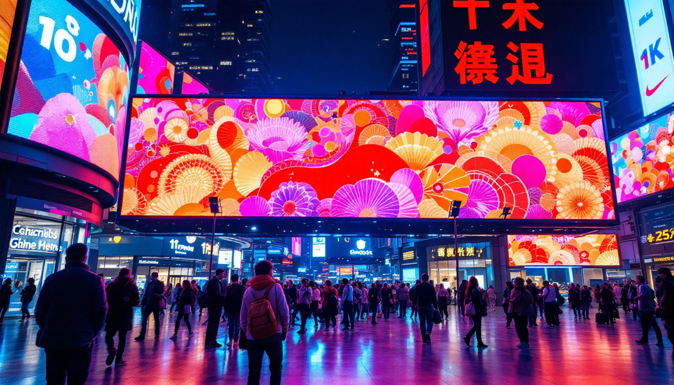 A photograph of a vibrant led display in a bustling urban environment
