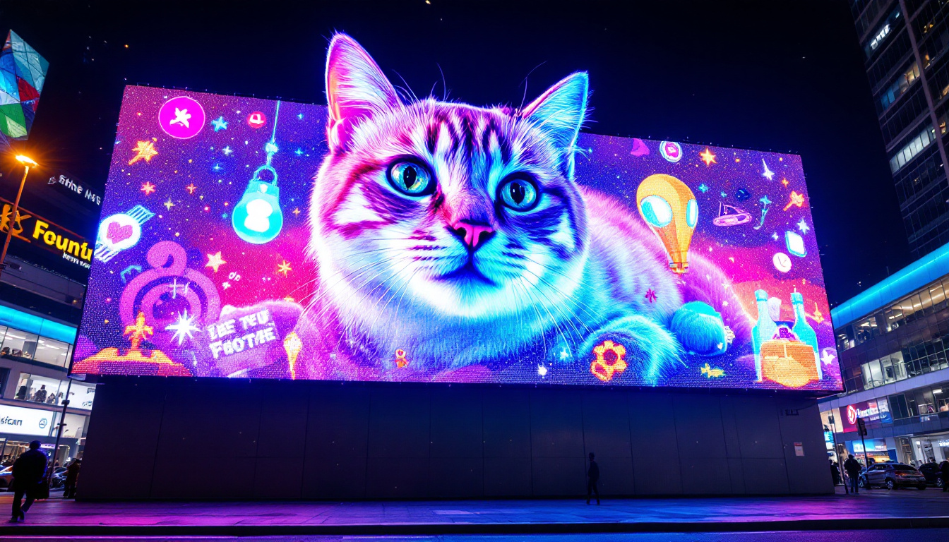 A photograph of capture a photograph of the vibrant 3d cat billboard in action