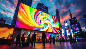 A photograph of a vibrant led display in a dynamic urban setting