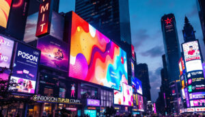 A photograph of a vibrant led display in an urban setting