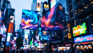 A photograph of a vibrant led display in a dynamic urban setting