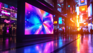 A photograph of a vibrant led display in a dynamic urban setting