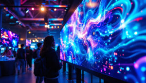 A photograph of a vibrant led display in a bustling rental event setting