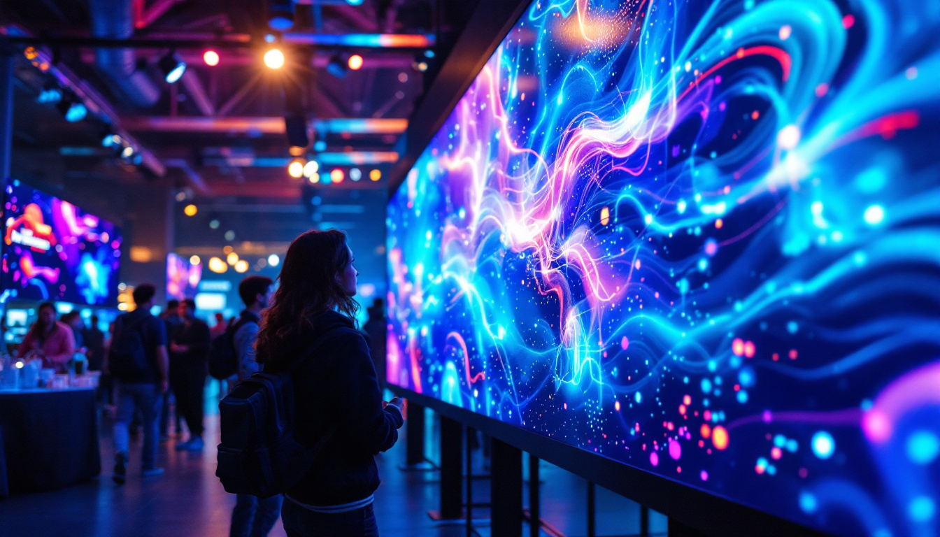 A photograph of a vibrant led display in a bustling rental event setting