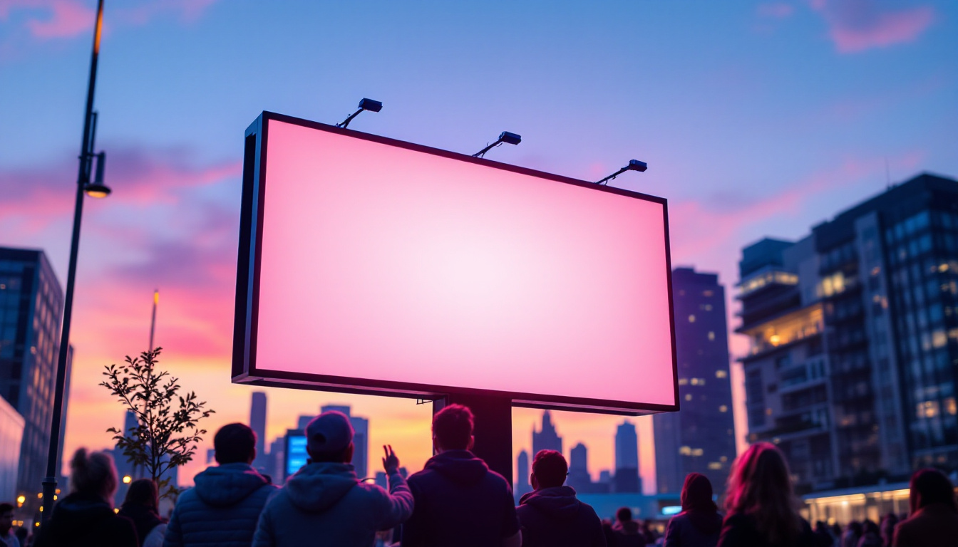 A photograph of a vibrant led outdoor signage display in an urban setting during twilight