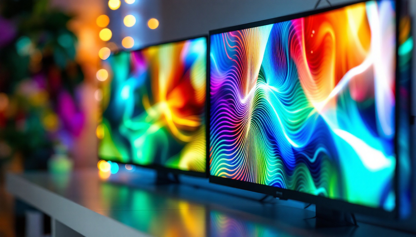 A photograph of a side-by-side comparison of an lcd screen and an led display