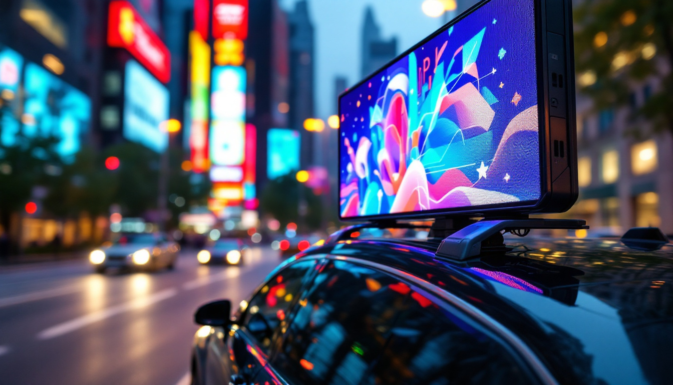 A photograph of capture a photograph of a vibrant led display screen mounted on a car
