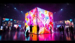 A photograph of a vibrant cube led display in a dynamic setting