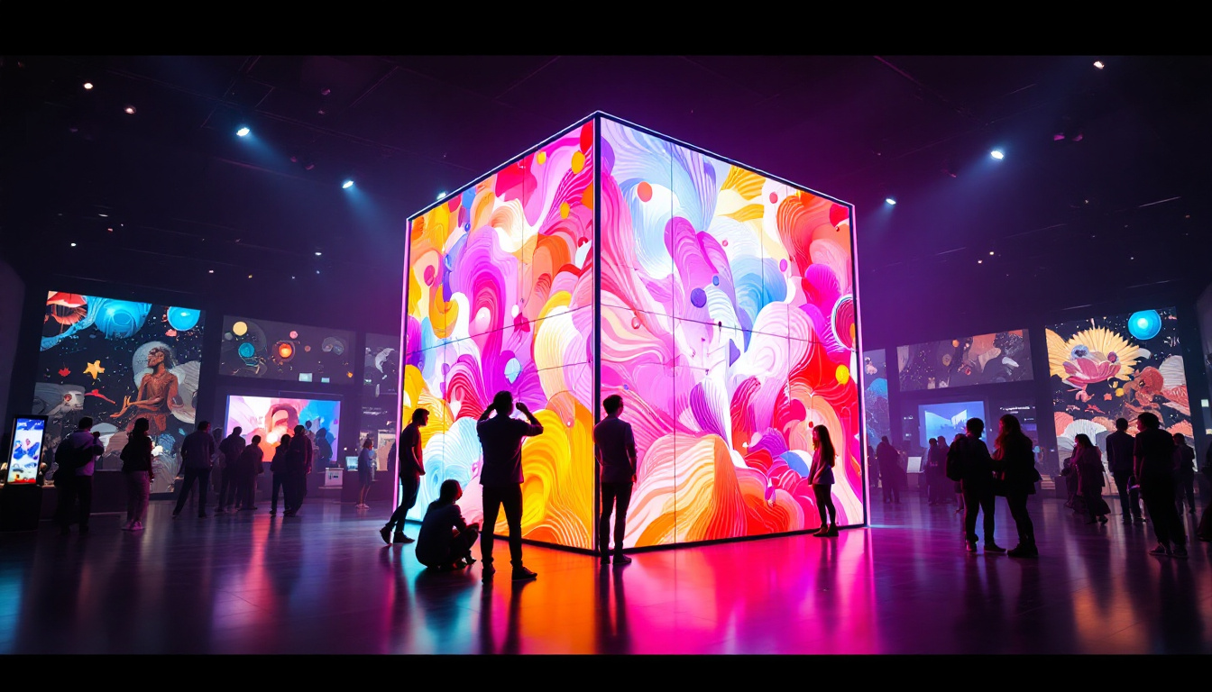 A photograph of a vibrant cube led display in a dynamic setting