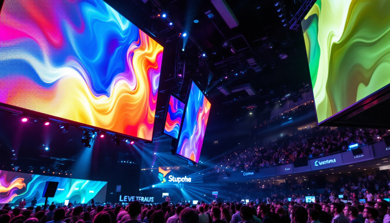 A photograph of capture a photograph of a vibrant and dynamic ceiling-mounted led jumbotron in a lively environment
