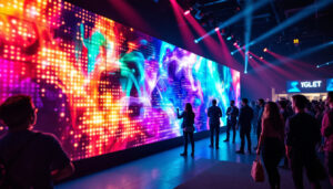 A photograph of a vibrant led wall in use at a lively event