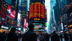 A photograph of a vibrant stock ticker led display in a bustling financial district